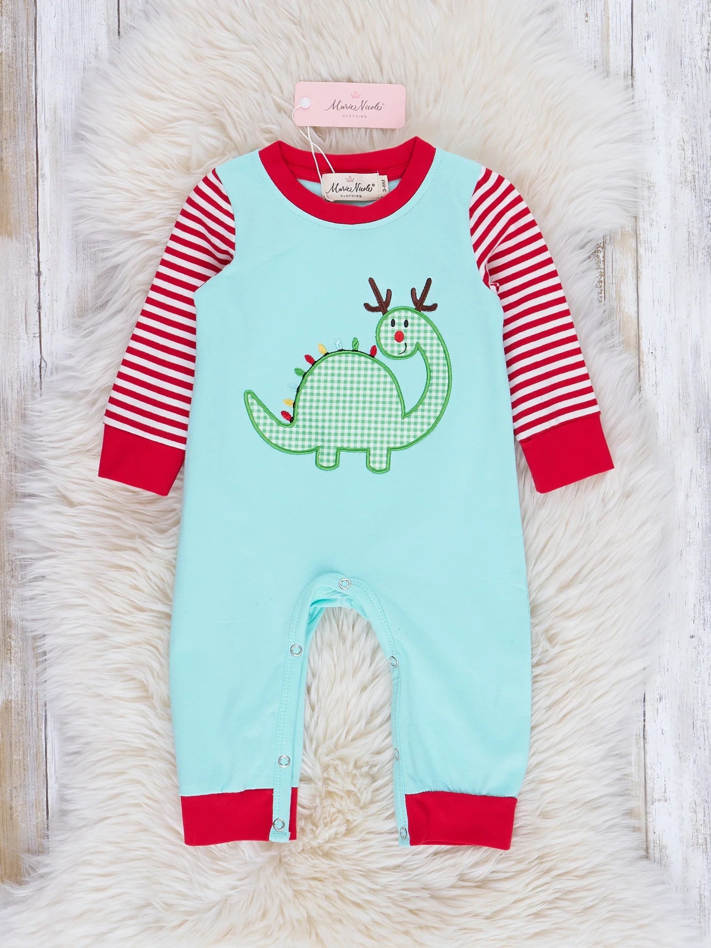 Blue Gingham Dino Raglan Romper