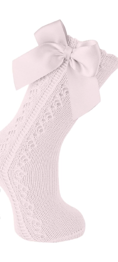 Scottish Yarn Openwork Bow Kneehigh Socks- Pink