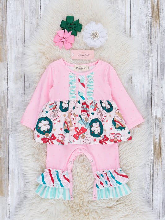 Pink & Mint Ornaments Ruffle Romper