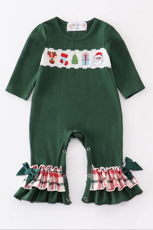 Green Christmas Smocked Ruffle Romper