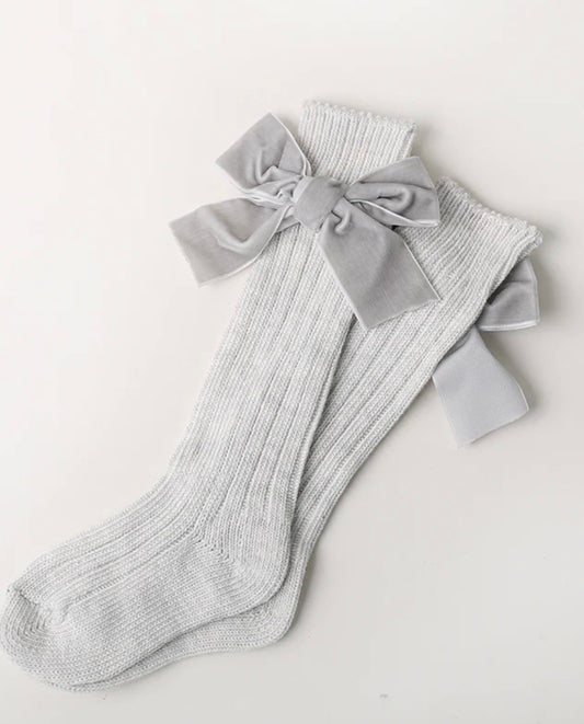 Grey Bow Knee High Socks