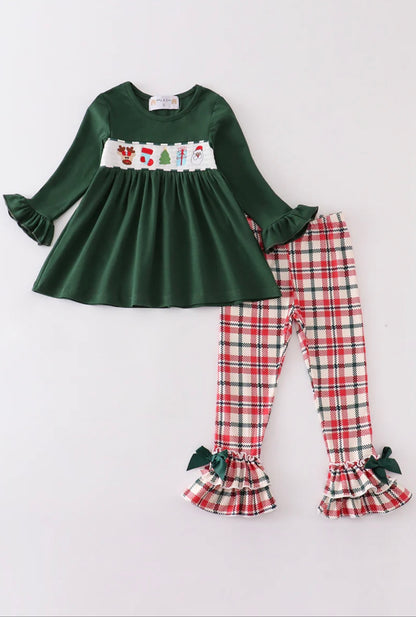 Green Christmas Smocked Ruffle Set