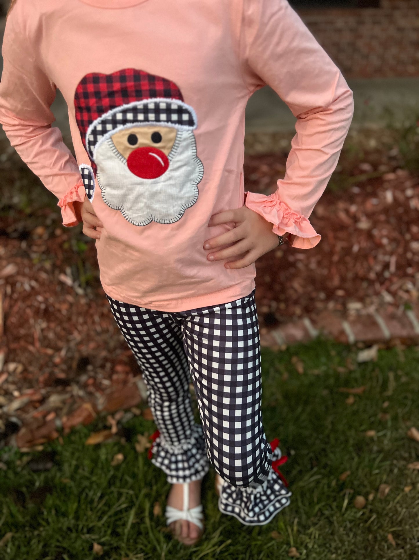 Peach & Navy Gingham Santa Ruffle Set