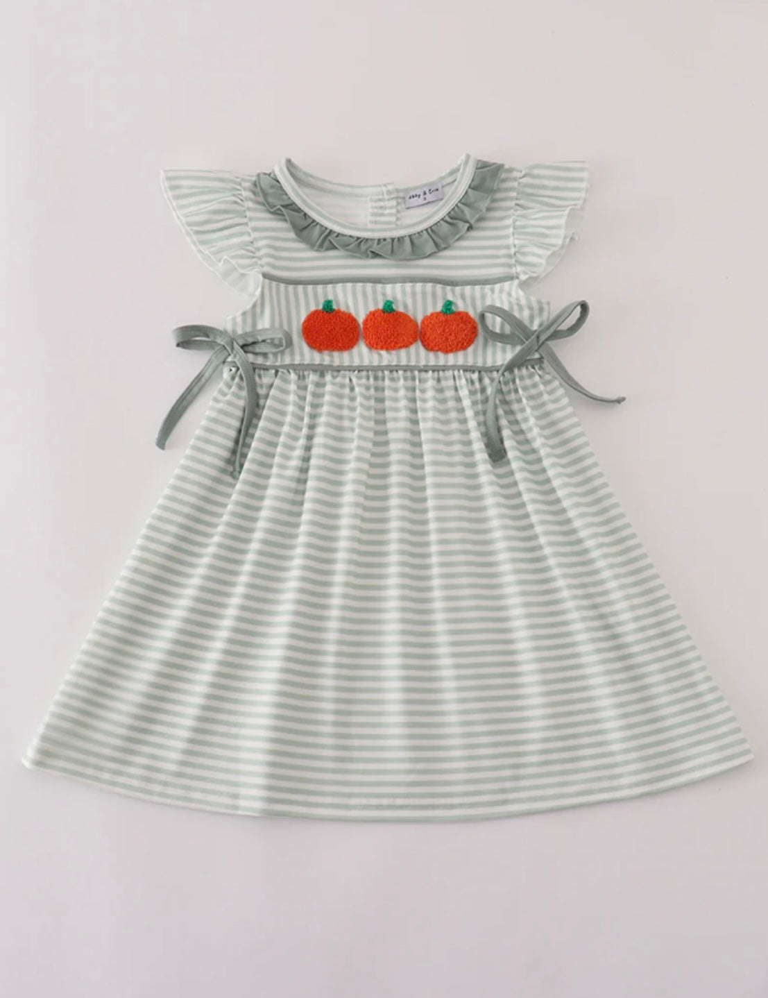 Sage Stripe French Knot Ruffle Dress