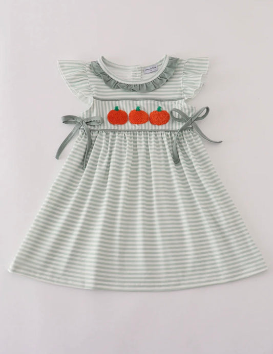 Sage Stripe French Knot Ruffle Dress