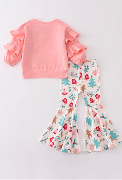 Christmas Ruffle Bell Pants Set - Pink