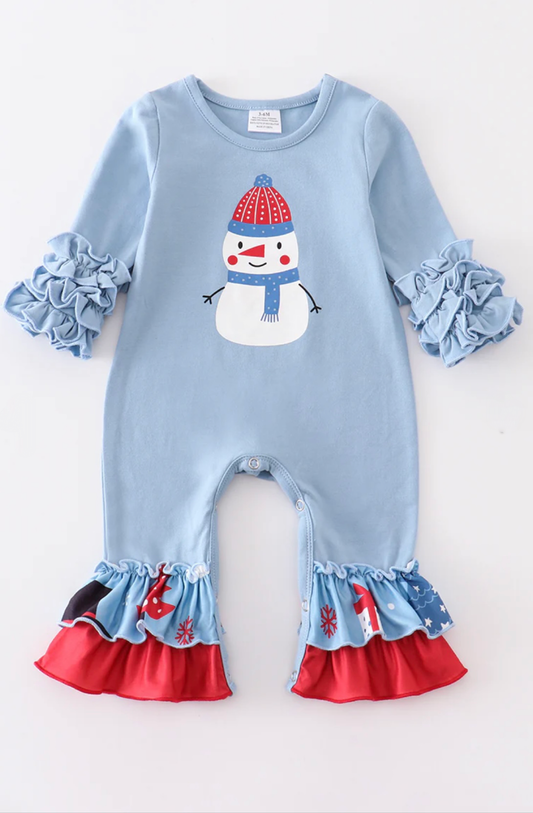 Christmas Snowman Ruffle Baby Romper - Blue